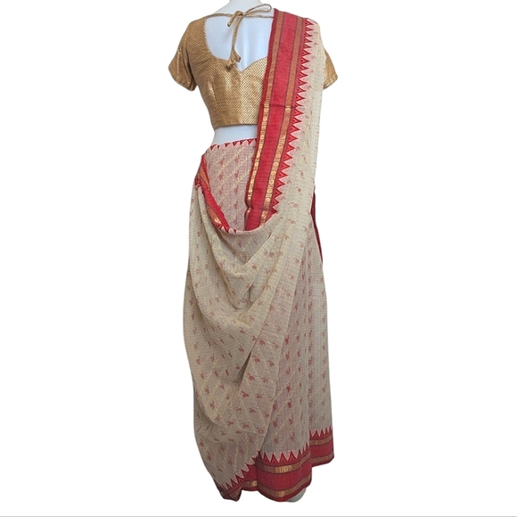 Vintage Indian Saree Red Cream Gold Pallu Without Blouse South Asian Desi Sari - Picture 2 of 10